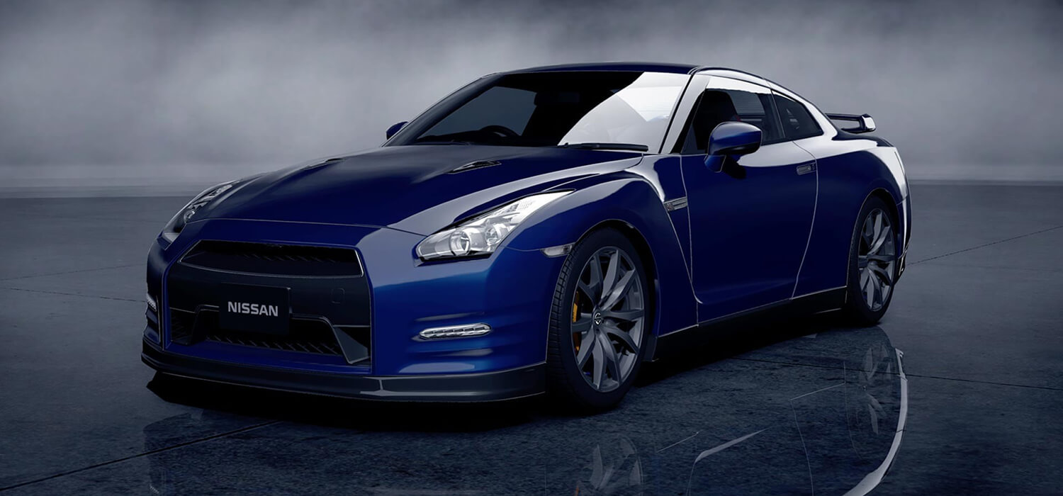 Blue Nissan GT-R with dark wheels and contrasting trim