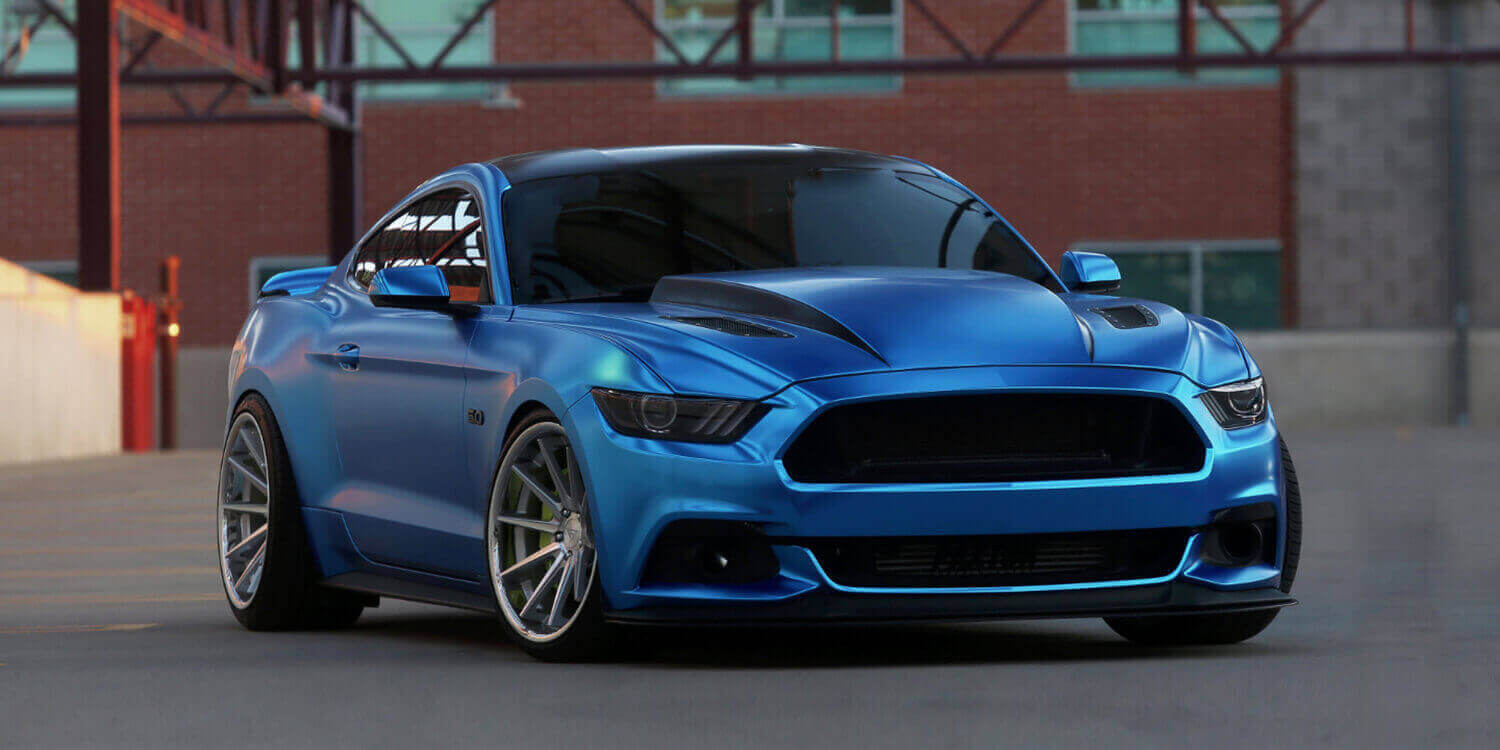 Blue Ford Mustang showing hood and front bumper contours
