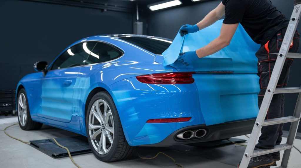 a photo of a car wrapping process