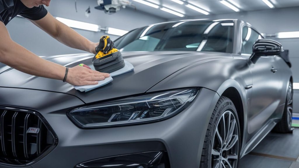 a photo of a professional worker applying a vinyly wrap