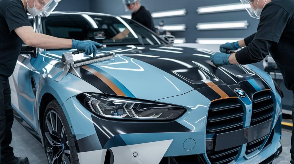 a photo of experts wrapping a car with a vinyl wrap
