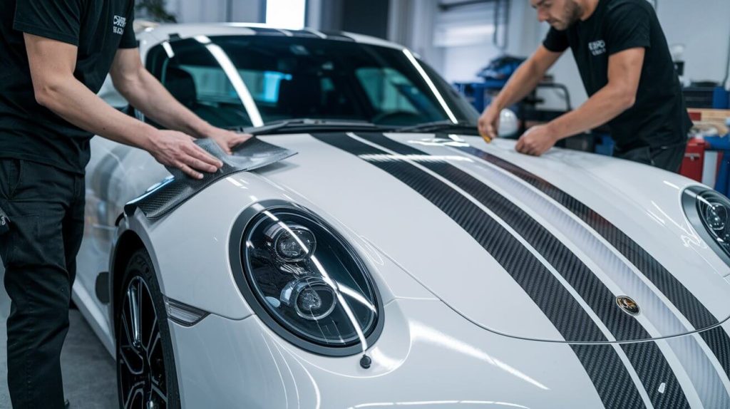 a photo of professionals wrapping a car with a vinly wrap