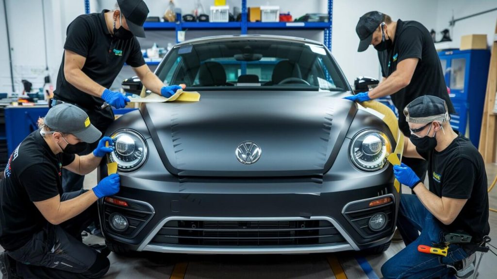 a professional photo of experts wrapping a car