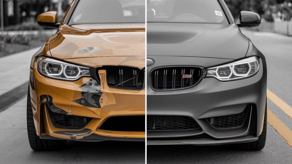 a side-by-side comparison of a car with-visible-dents