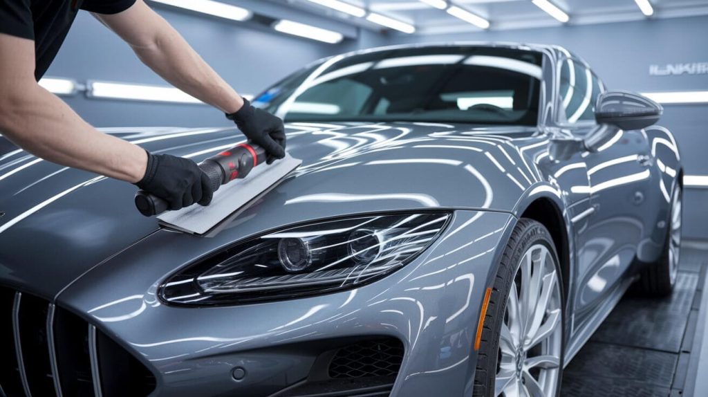 professional worker applying vinyly wrap on a car