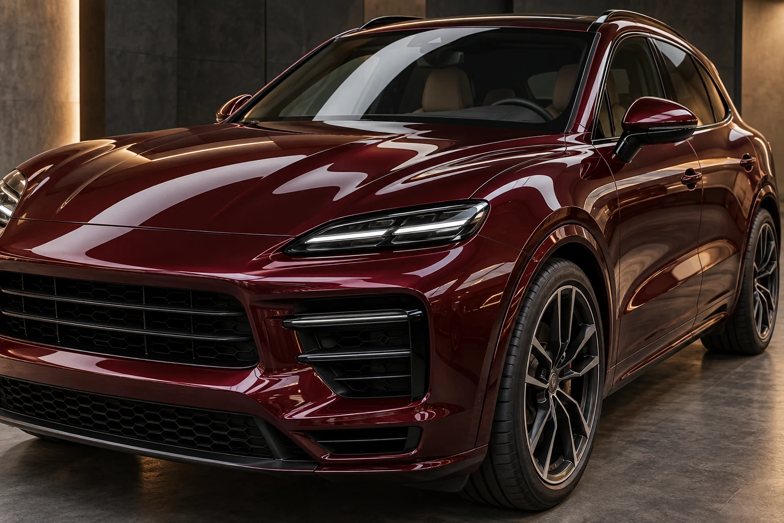 Illustrative burgundy SUV with a reflective gloss exterior in a studio