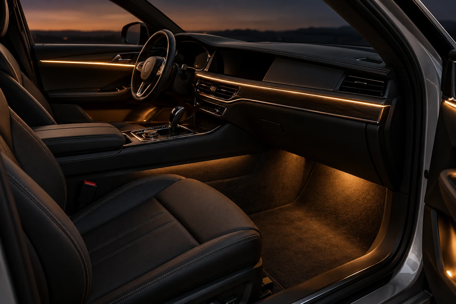 Illustrative car cabin with soft accent lighting following the dashboard and door trim