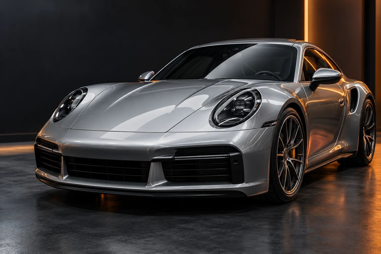 Silver sports coupe with a reflective gloss finish in a dark studio