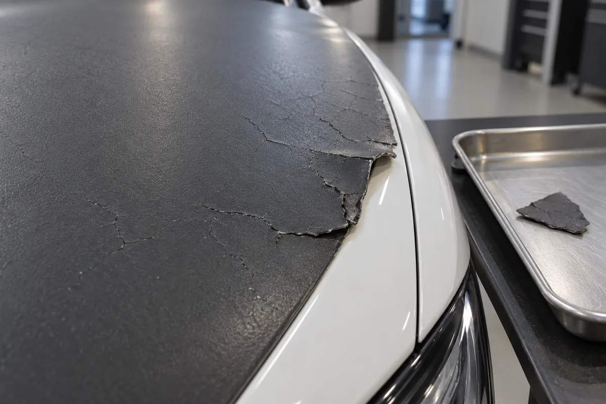 Cracked dark grey vinyl on a white hood has a lifted edge beside a detached fragment on a separate tray