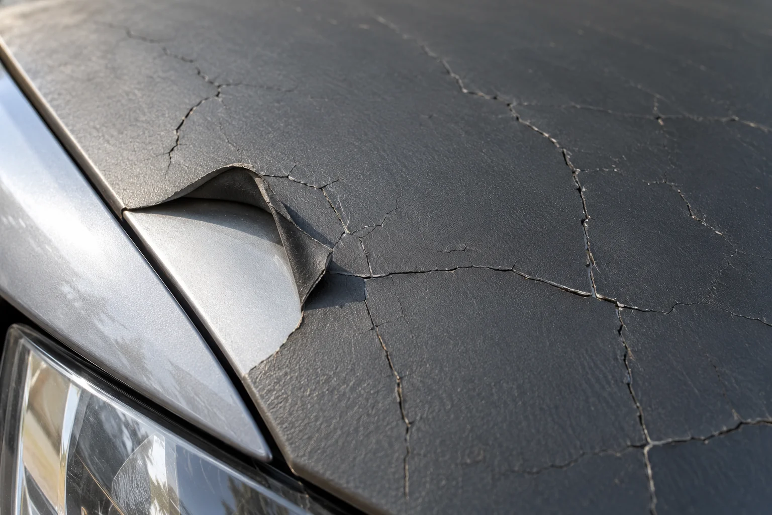 Cracked matte vinyl remains on a car bonnet beside a small lifted piece showing the paint beneath