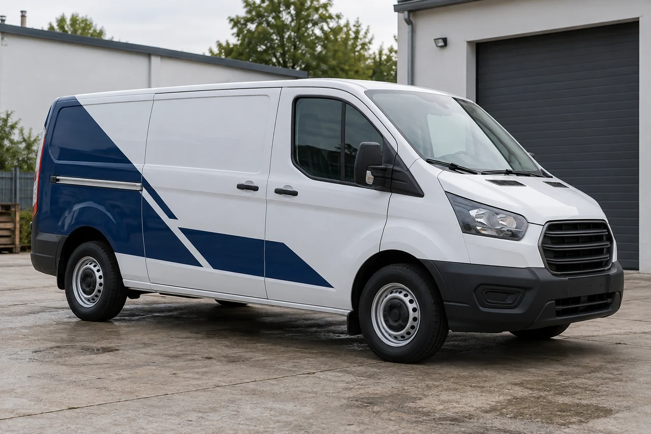 White service van with a navy partial wrap parked outside a commercial workshop