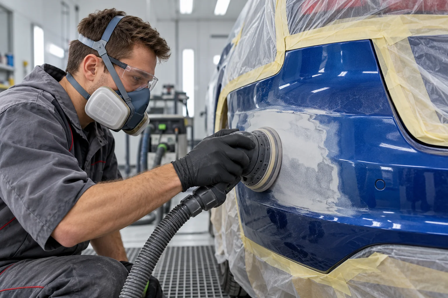 Technician preparing a repaired bumper with a dust-extraction sander
