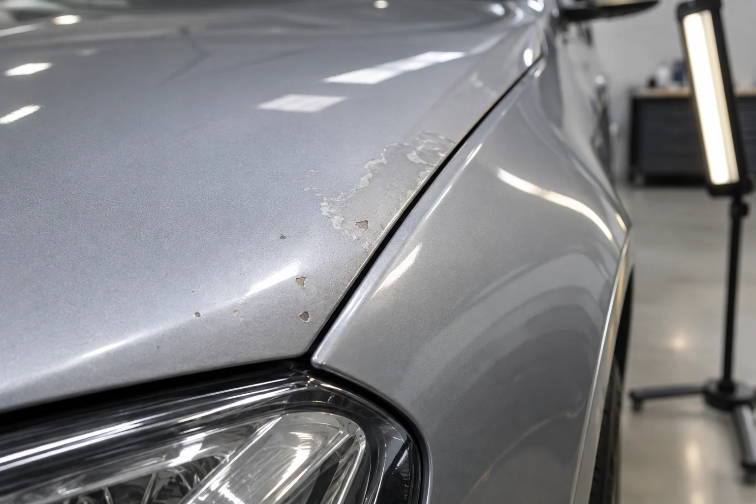 Paint defect visible along a silver panel edge under workshop lighting