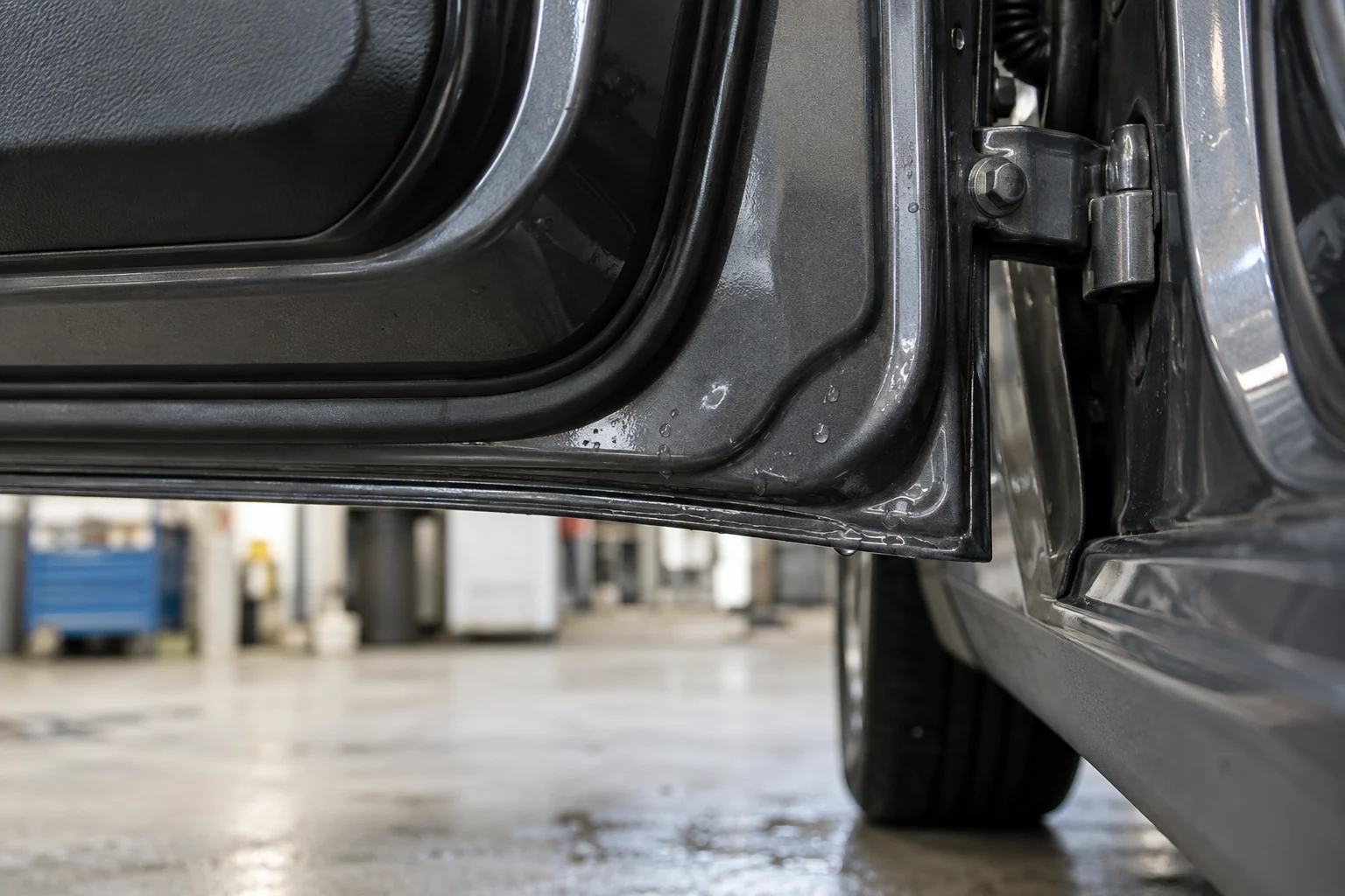 Small wash-water droplets retained beside the rubber seal on an open painted car door