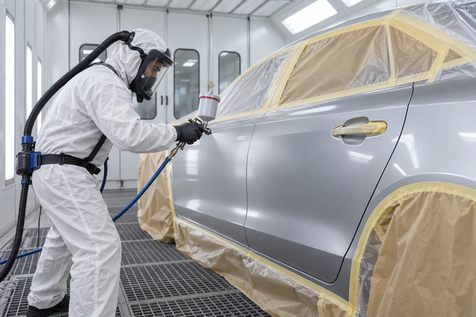 Technician refinishing a masked silver car door in a paint booth