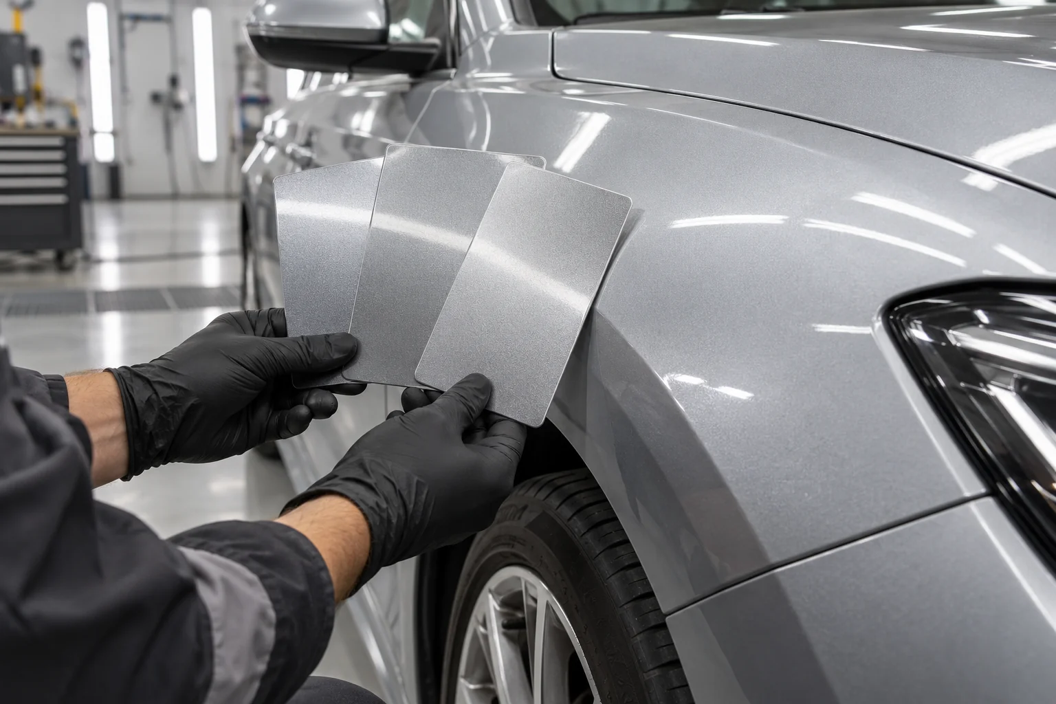 Silver metallic spray-out cards compared with a car fender