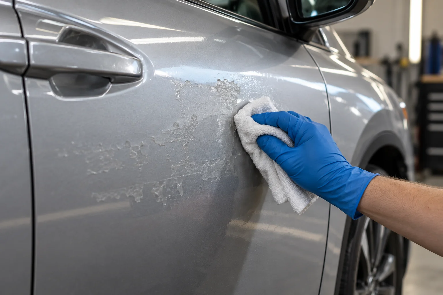 A chemical-protected gloved hand wipes a small adhesive patch on a silver panel with a clean cloth