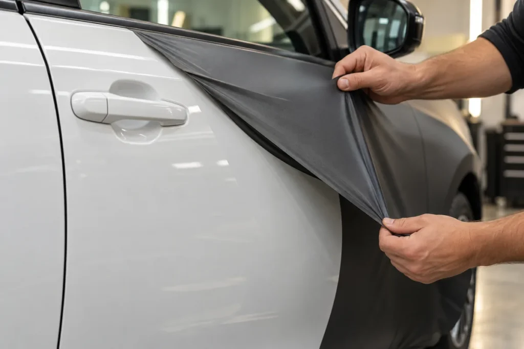 Hands fold charcoal vinyl back from a white painted car door at a free edge