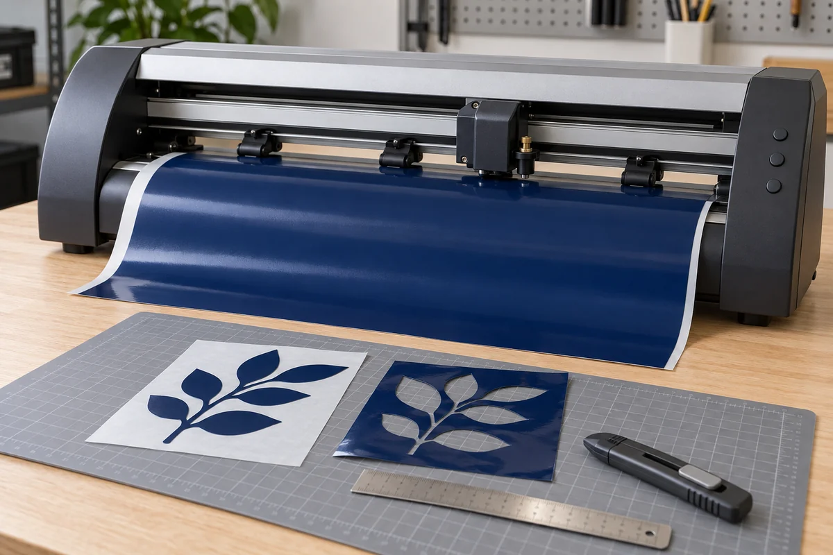 Roll-fed blade plotter with navy vinyl on release liner and a cut sample on a separate mat