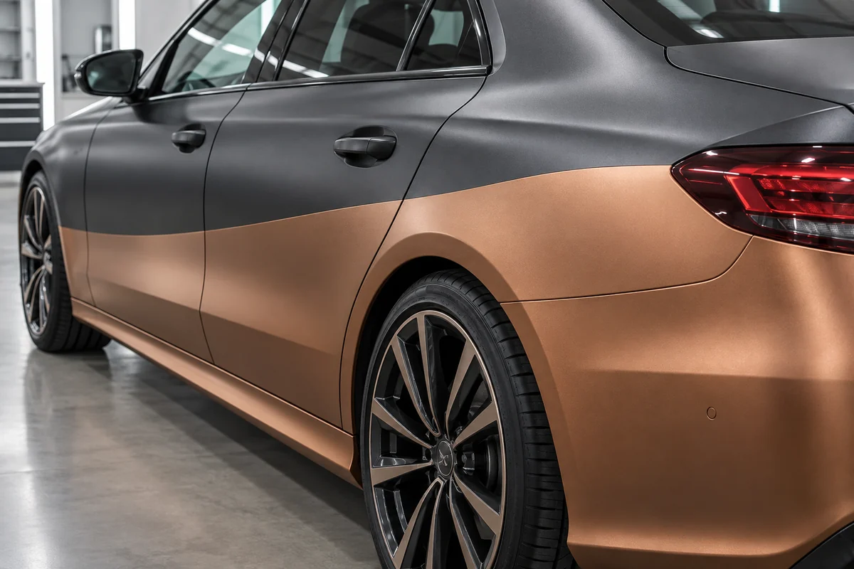 Charcoal and copper two-tone vinyl boundary continues across a closed door and rear quarter