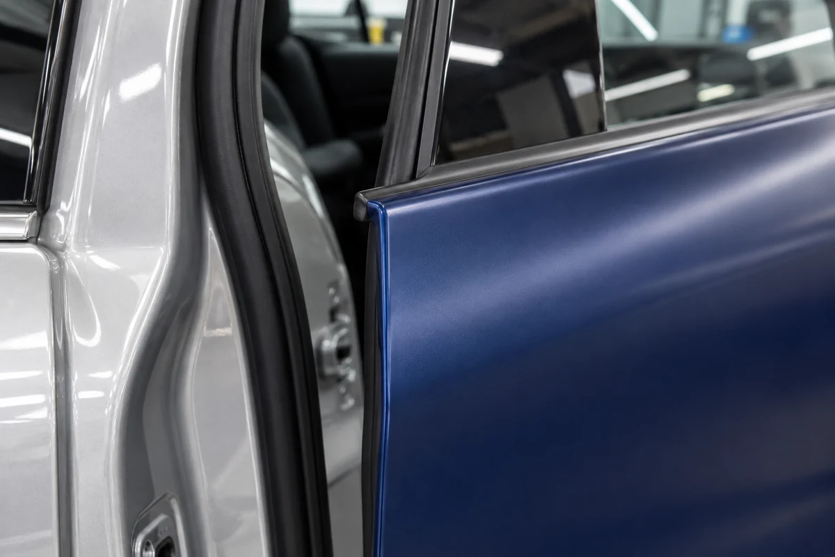 Partly open navy-wrapped door showing a neat edge return, silver jamb and uncovered black seal