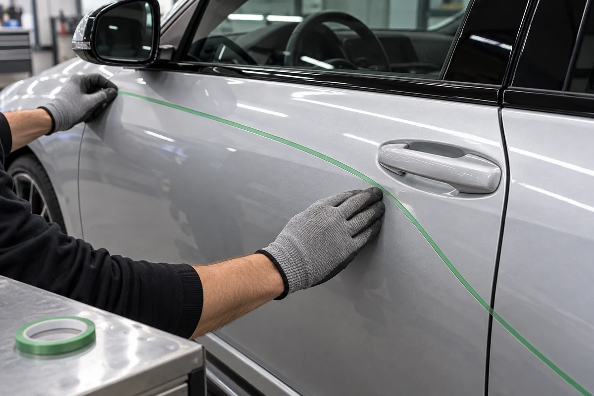 Gloved hand lays narrow green cutting tape along a silver car door