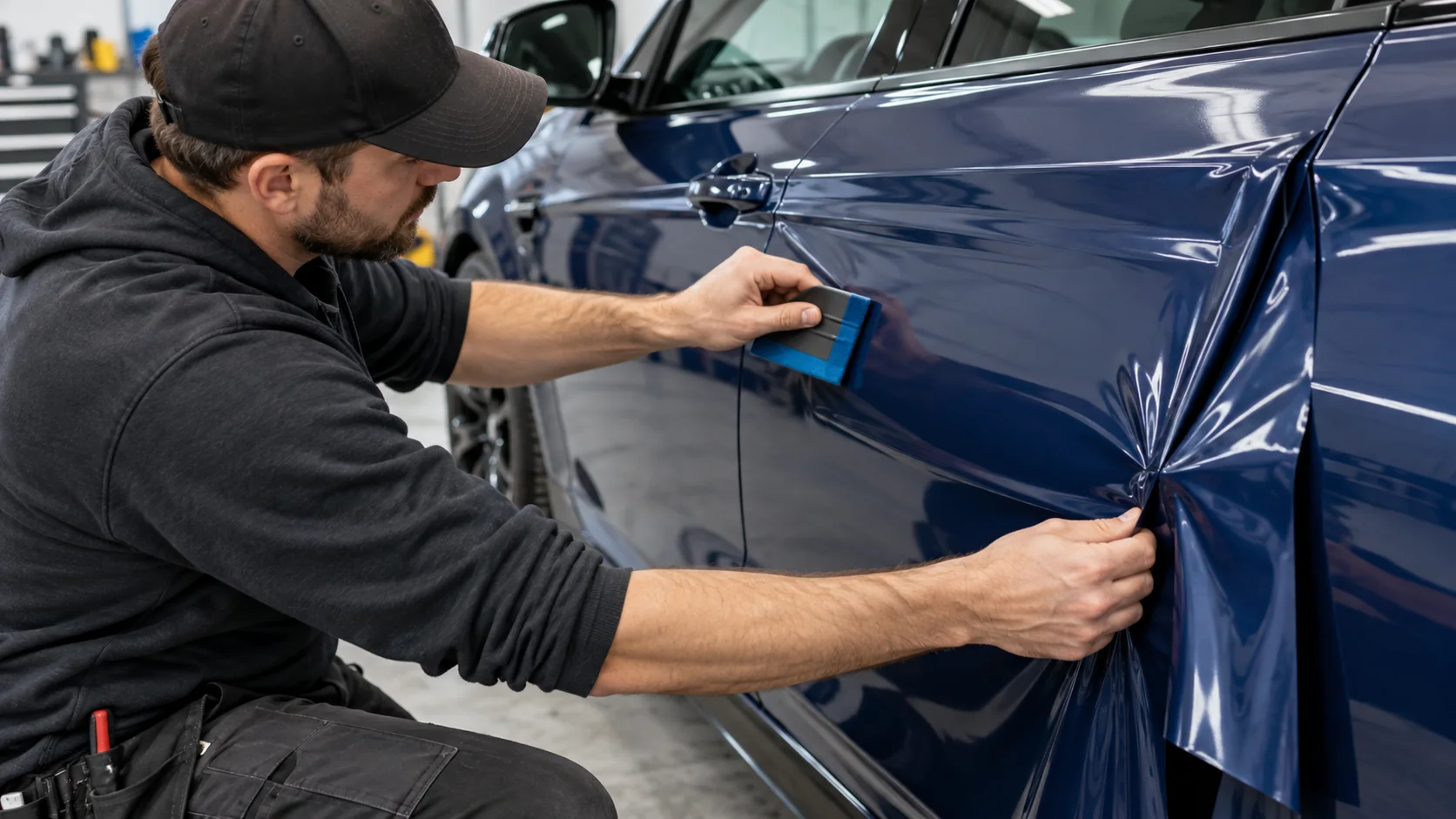 Installer smoothing navy vinyl onto a car door with a felt-edged squeegee
