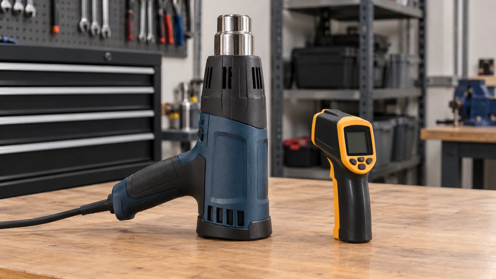 Upright heat gun and a separate infrared thermometer on a clear workshop bench