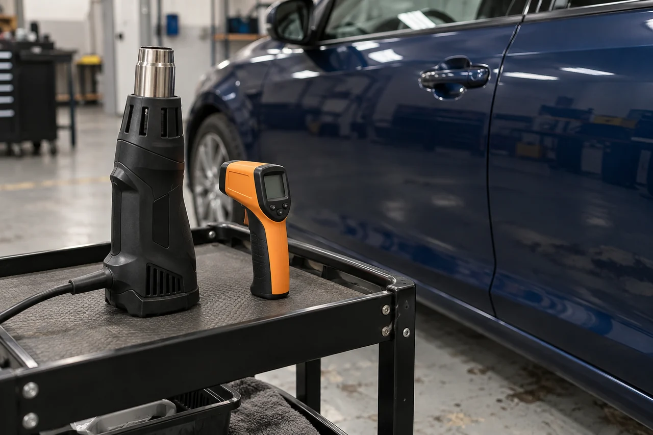 Electric heat gun and separate infrared thermometer on a trolley beside a blue car