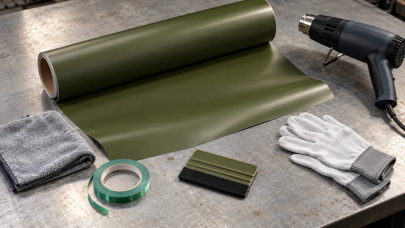 Olive vinyl, a felt squeegee, knifeless tape, gloves and a corded heat gun on a workshop bench
