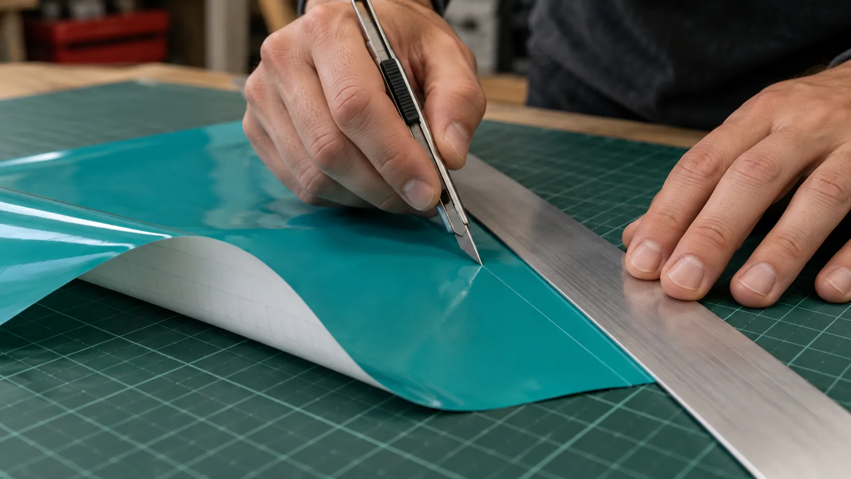 Graphics knife trimming loose teal vinyl beside a straightedge on a cutting mat