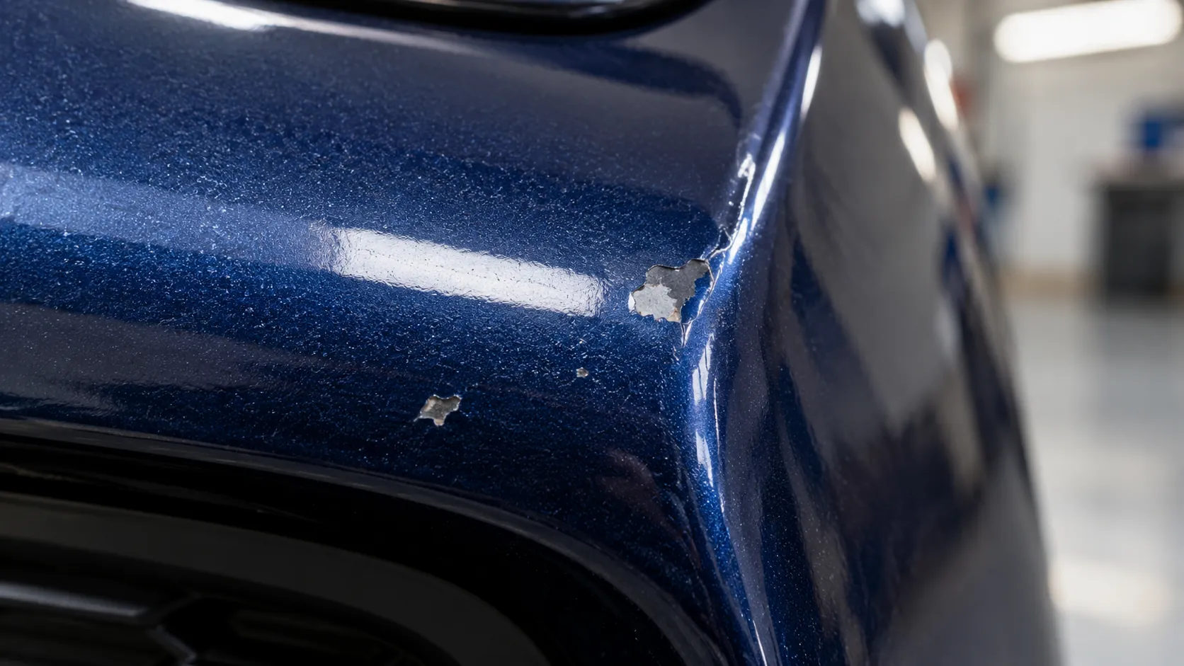Chipped paint and vulnerable panel edge inspected before removable coating work