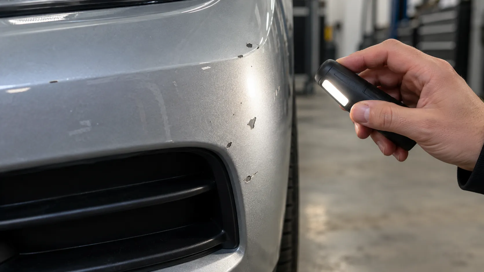 Hand-held inspection light revealing paint chips on a silver bumper