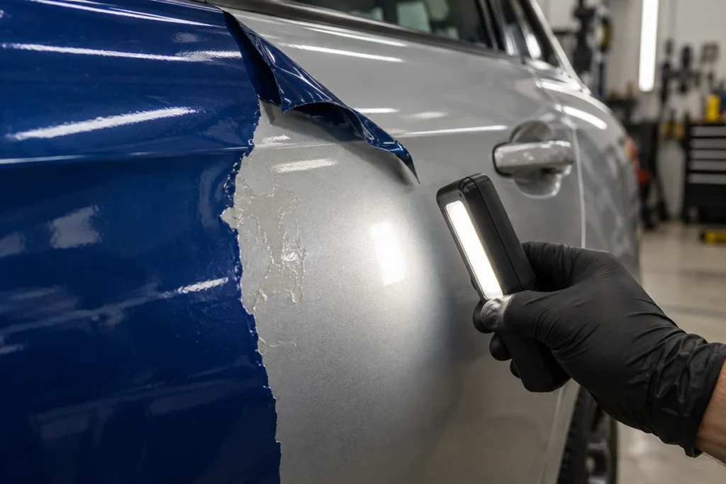 Gloved hand holds an inspection lamp beside silver paint and adhesive residue exposed during blue wrap removal