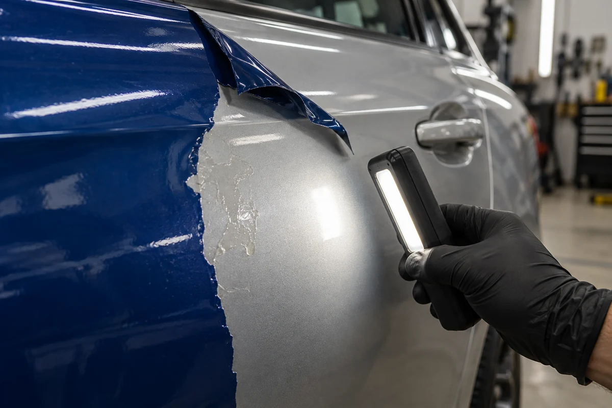 An inspection lamp lights silver paint and residue beneath a lifted blue vinyl edge