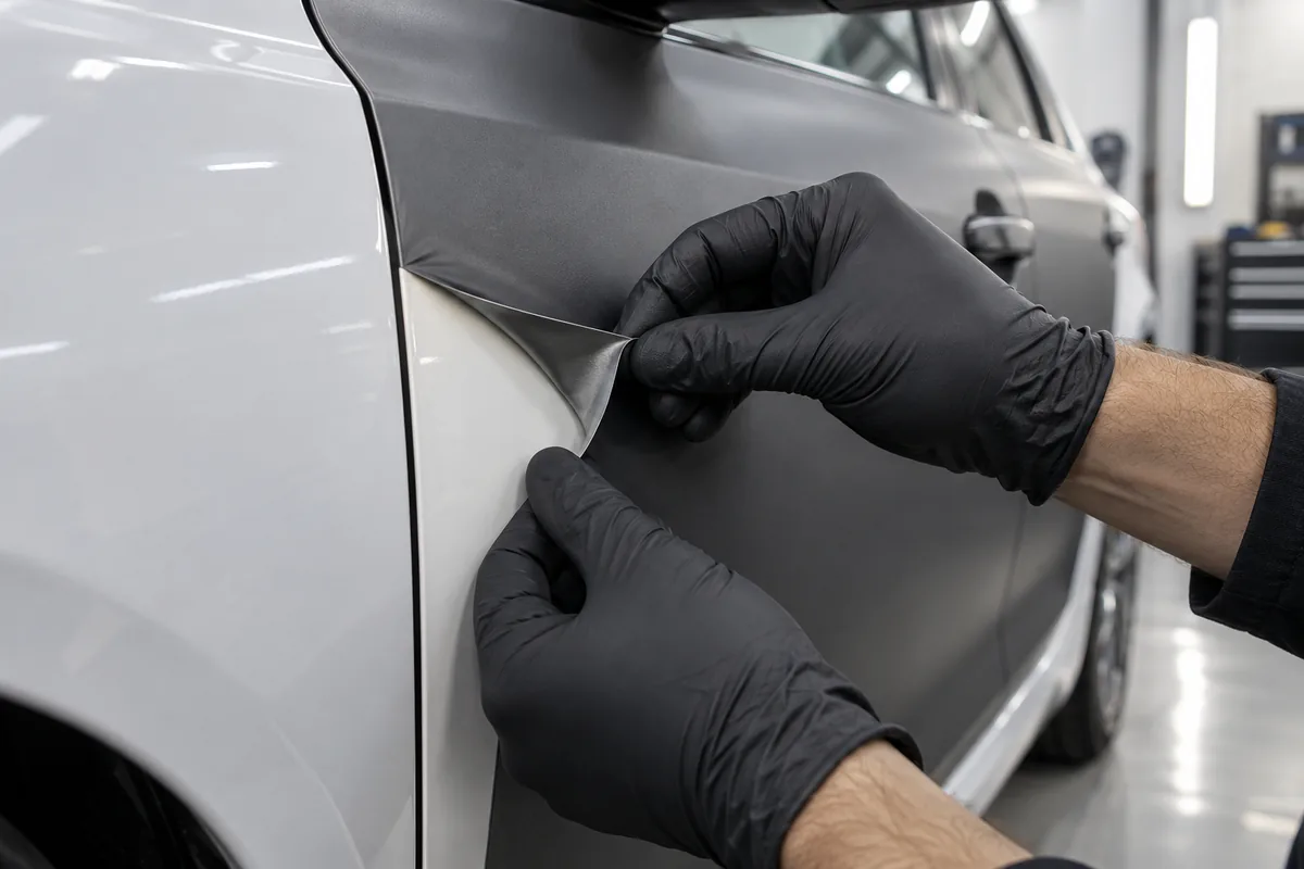 Gloved hands lift a small corner of charcoal vinyl at a white car door edge