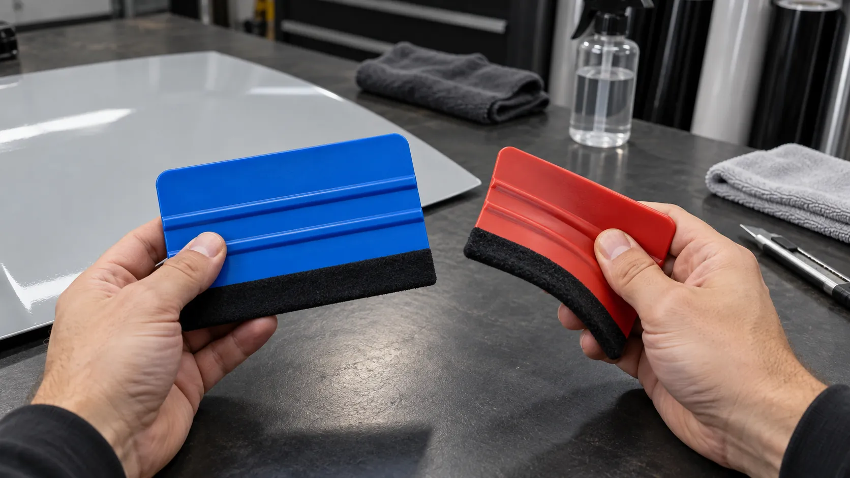 Hands comparing blue and red felt-buffered wrapping squeegees on a workshop bench