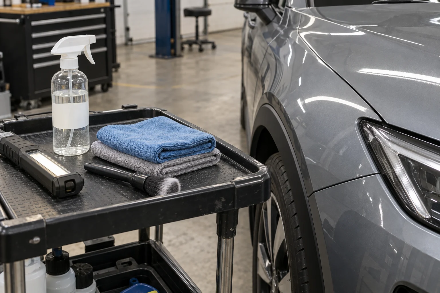Clean cloths, cleaner bottle, soft brush and inspection light on a cart beside bare grey car paint