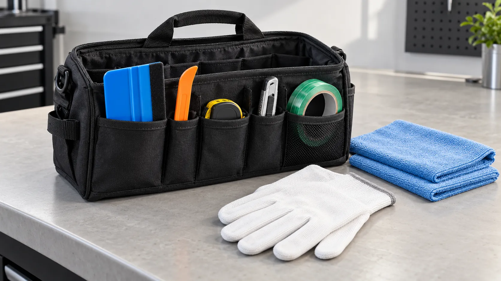 Open tool bag with wrap squeegees, retractable cutter, knifeless tape and measuring tape beside gloves and cloths