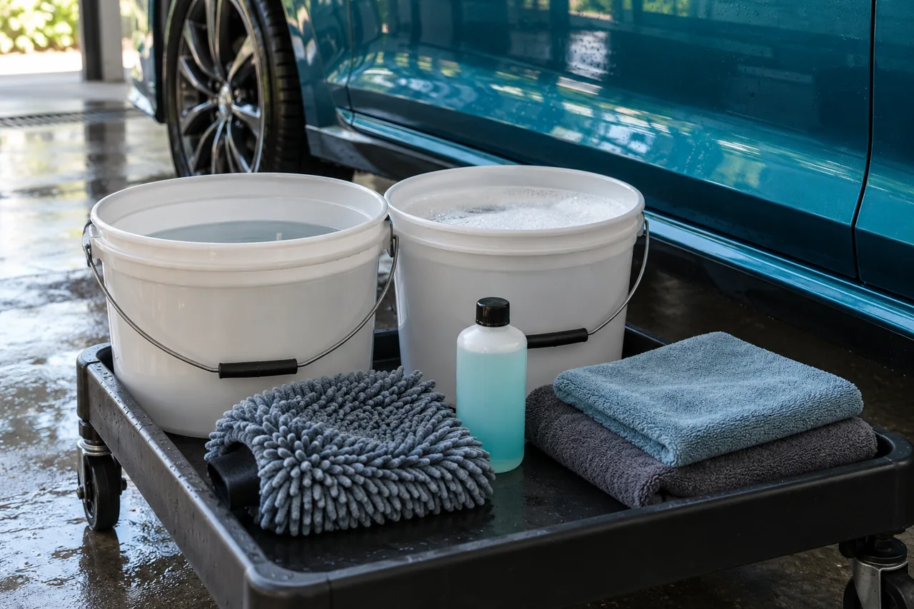 Two wash buckets, a microfiber mitt, drying towels and an unbranded shampoo bottle beside a blue car