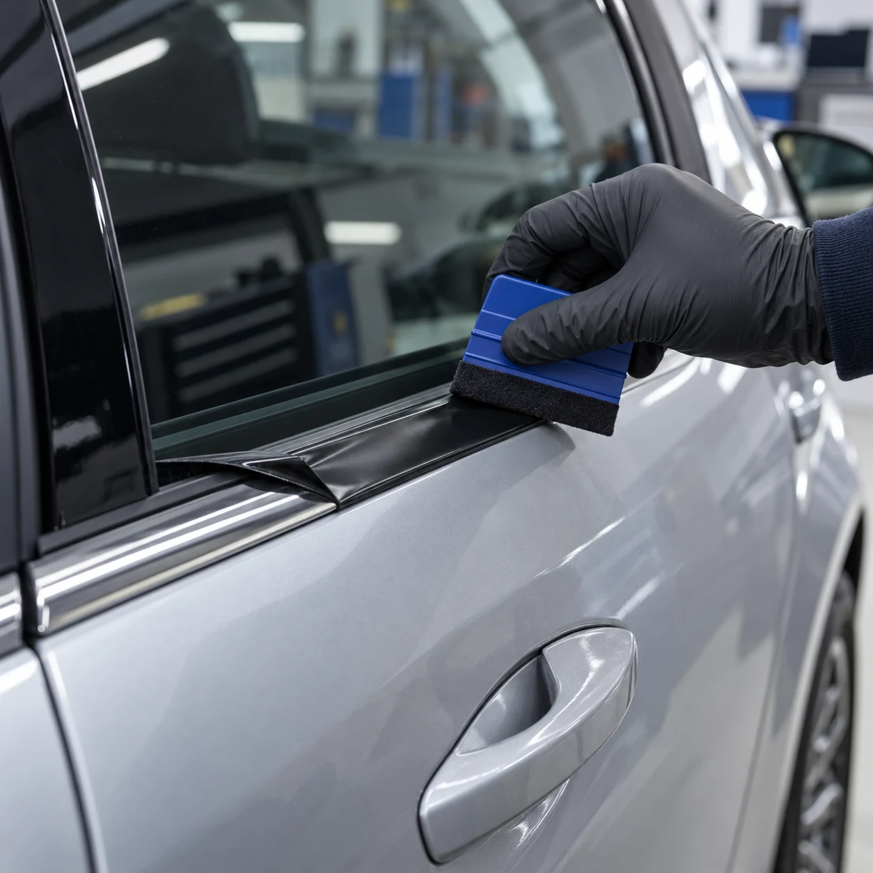 Illustration of a gloved hand using a felt tool to fit black vinyl around window trim