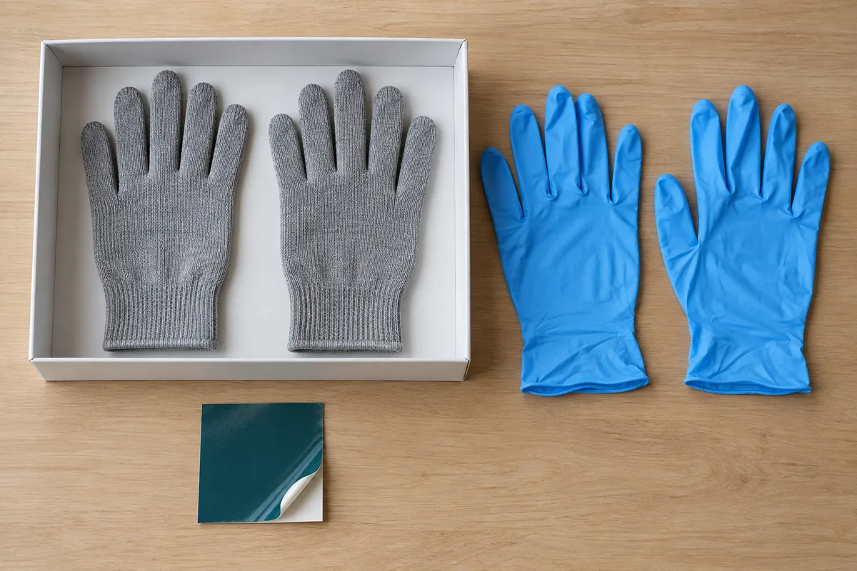 Dry grey textile application gloves sit in a clean tray separately from blue disposable preparation gloves