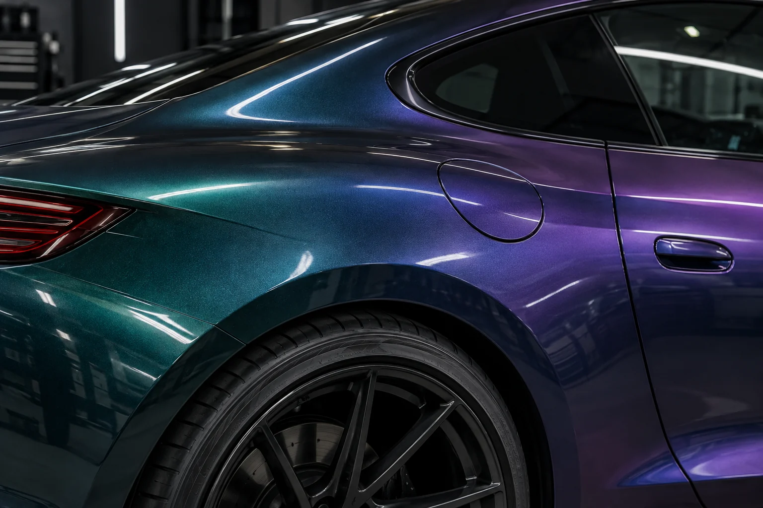 Illustration of teal, blue and purple tones across a curved car panel