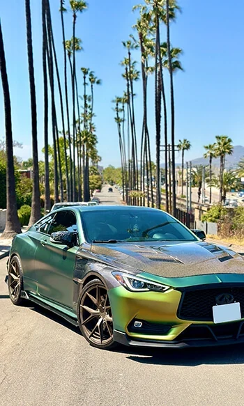 Coupe wrapped in a green to gold colour shift film