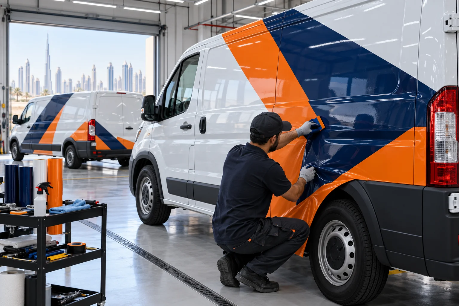 Installer applying printed vinyl to a white commercial van