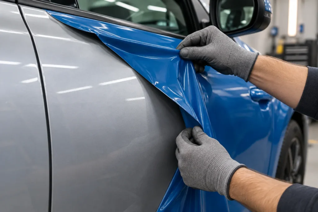 A technician holds a lifted blue vinyl edge away from silver paint on a car door