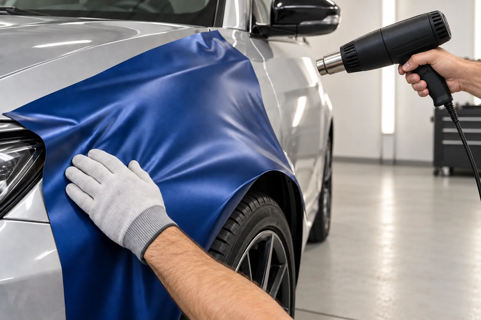 Installer holding a corded heat gun away from blue vinyl on a curved car panel