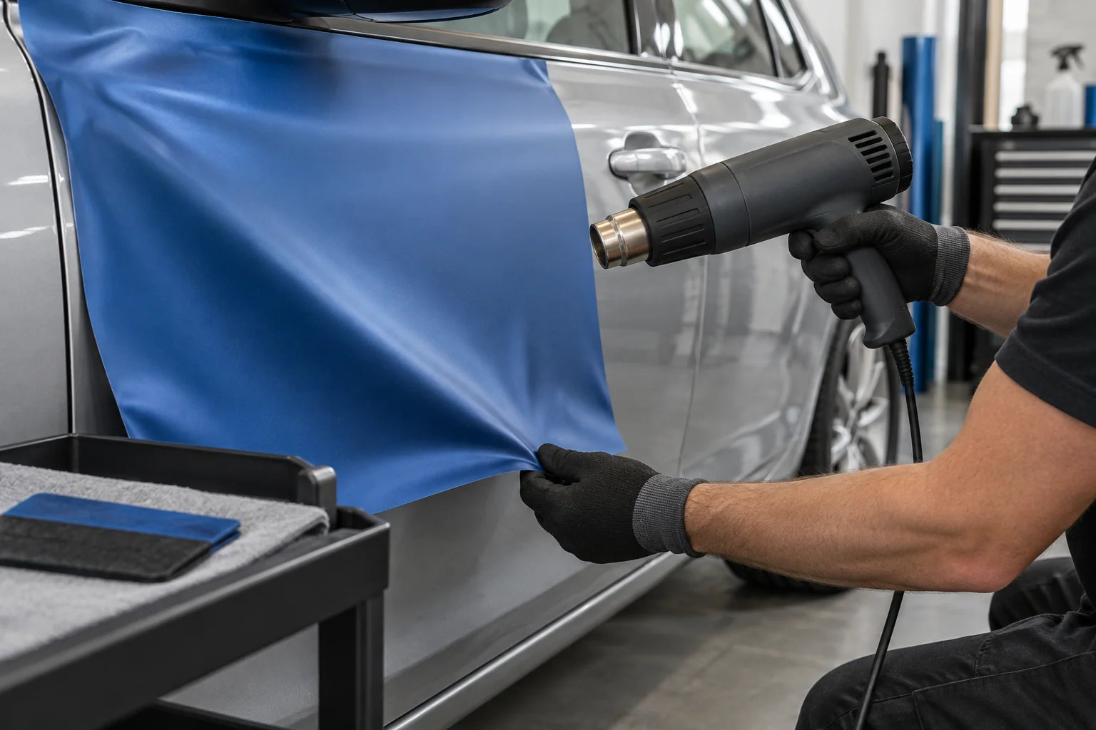 Gloved installer holding an electric heat gun away from blue vinyl positioned on a silver vehicle door