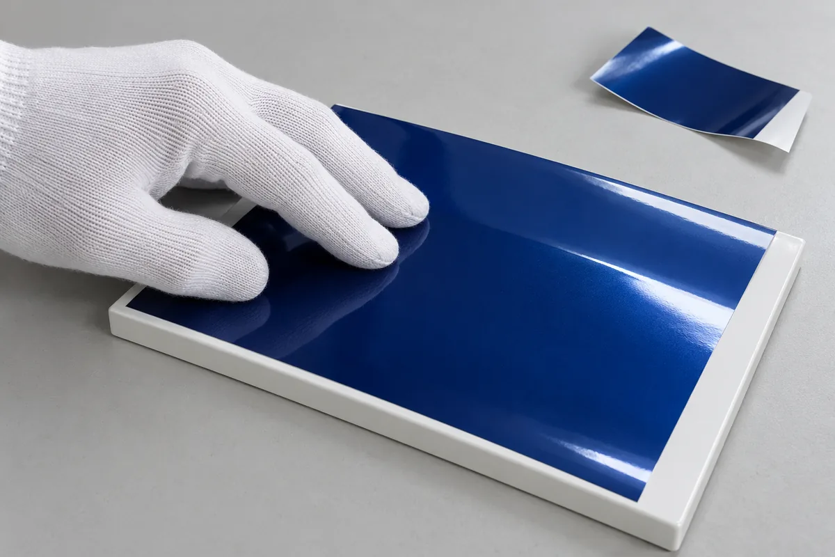 White knitted fingertips make a gentle test stroke on blue gloss vinyl applied to a sample panel