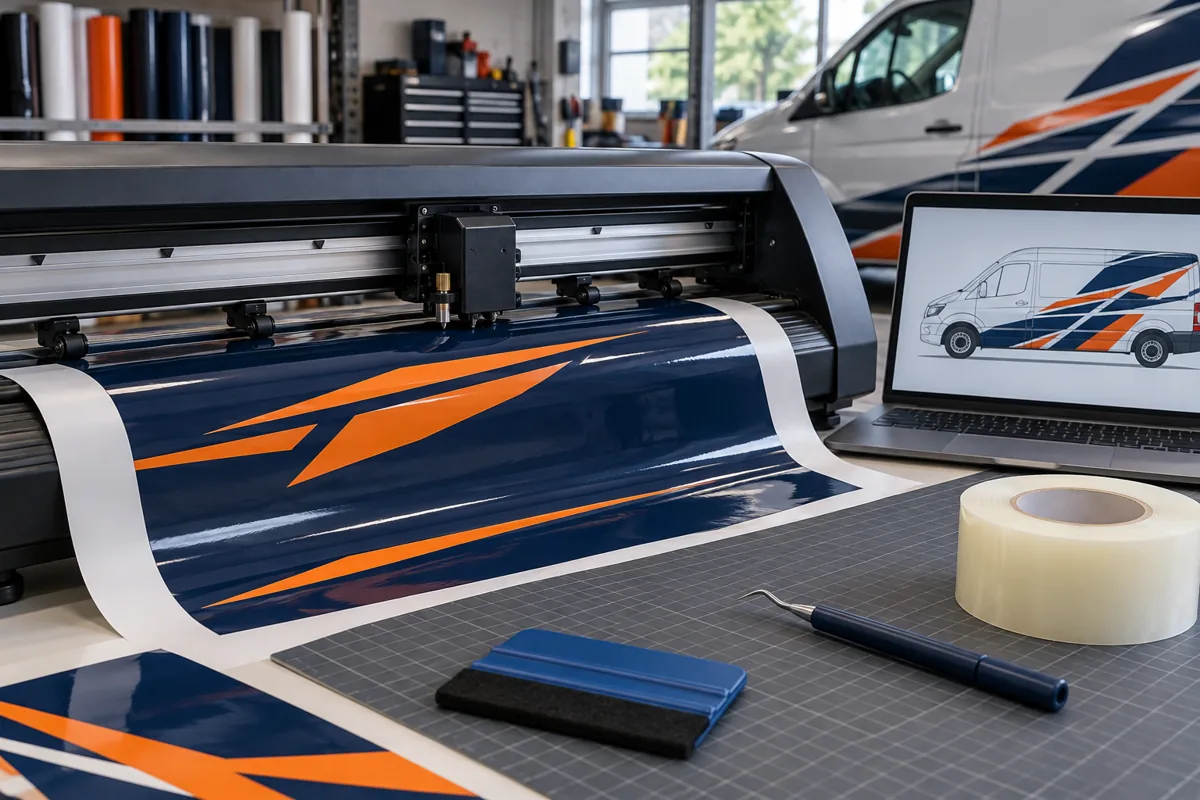 Cut vinyl and artwork beside a cutting plotter in a workshop